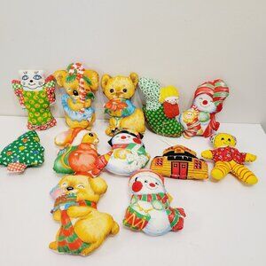 12 Mini Holiday Christmas Plush Pillow Fabric Hand Sewn Snowman Mouse Cat Koala